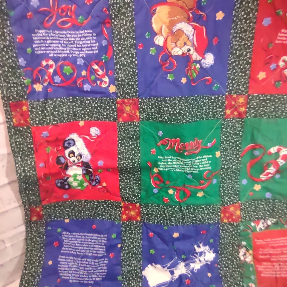 Festive Holiday Lap Quilt with Red, Green, and Blue Patterns